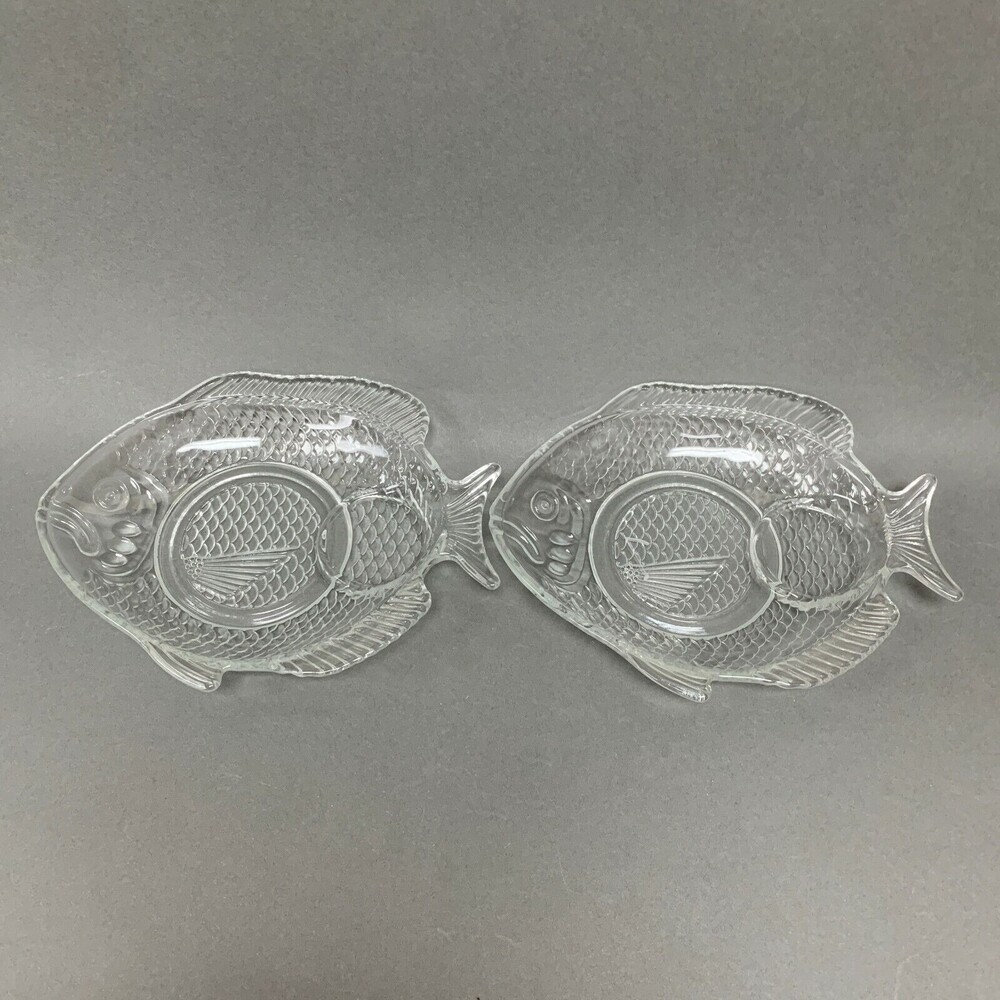 Seafood Cocktail Server Plates Fish Clear Glass 8 1/2" Lot of 2 Brazil